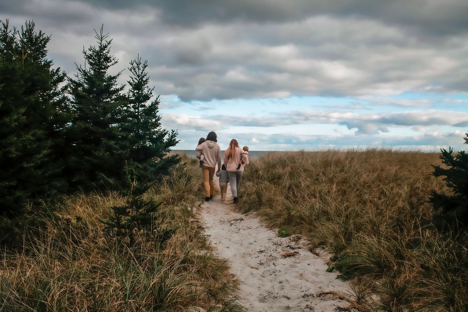 Three people walking on a sandy path through tall grass and evergreen trees under a cloudy sky.