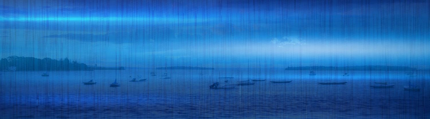 Chester ns waterfront Abstract blue panoramic seascape painting with boats on misty water, rendered in cool tones with vertical texture.