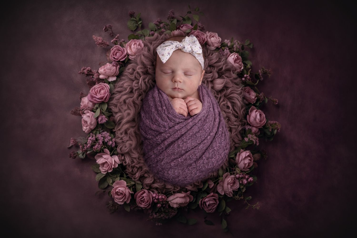 Newborn baby girl swaddled in purple wrap, sleeping in floral wreath with pink roses on mauve background.
