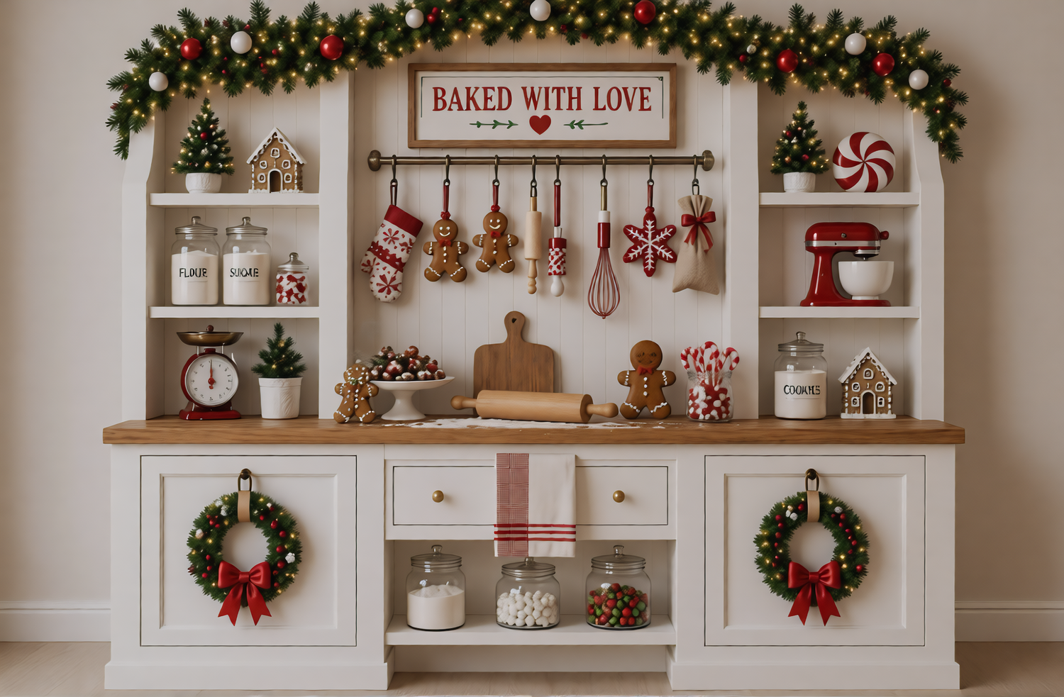 White Christmas baking hutch with Baked with Love sign, evergreen garland, gingerbread ornaments, red stand mixer, jars and wreaths.