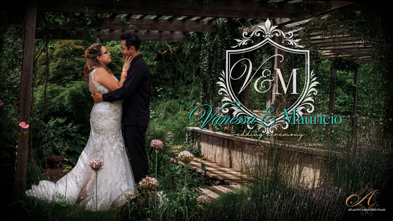 Bride and groom embrace in lush garden setting with elegant V&M wedding monogram overlay.