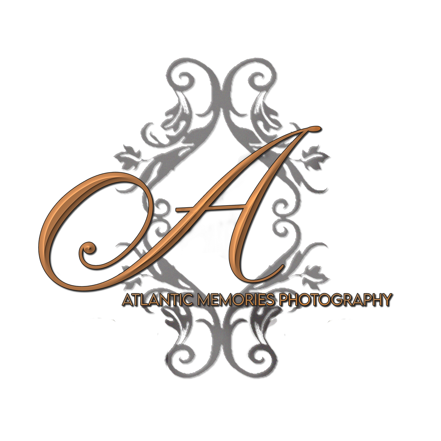 Halifax Photographer, Atlantic Memories Photography logo featuring a decorative letter A with ornate floral scrollwork in gold and gray.