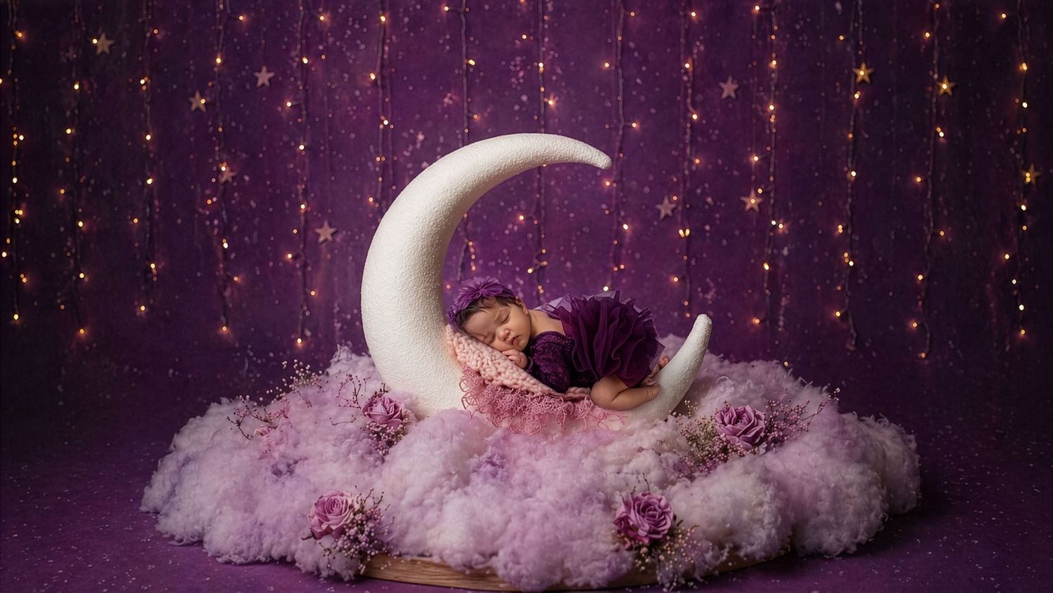 South Shore Newborn baby sleeping on a crescent moon prop surrounded by pink flowers and twinkling lights on purple background.