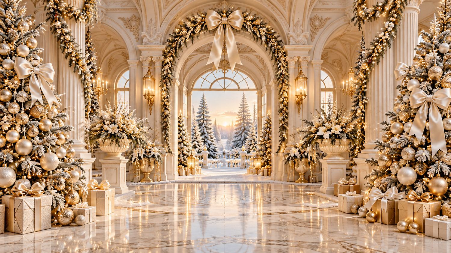 Elegant white and gold Christmas hall with decorated trees, wrapped gifts, garlands, and a sunlit arched window overlooking a snowy forest.