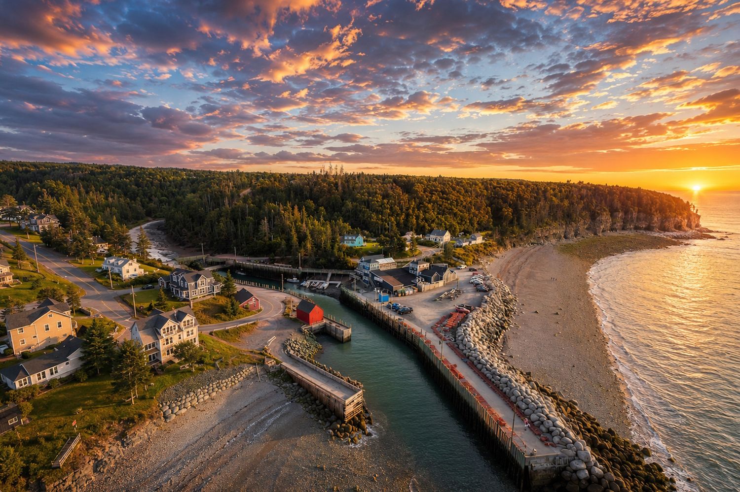 Aerial sunset view of a small coastal harbor with a rocky pier, sandy beach, and lush green cliffs glowing in golden light.