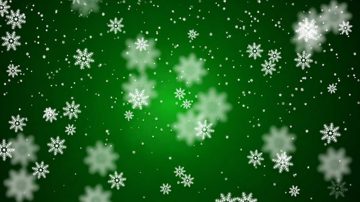 White snowflakes of varying sizes falling against a dark green gradient background, creating a festive winter holiday scene.