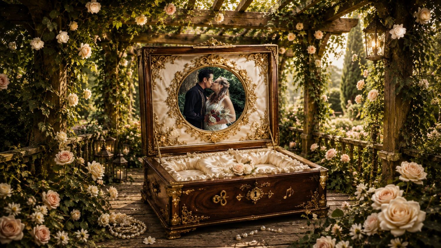 jewelry box open to reveal a married couple portrait, at the tangled garden, surrounded by roses and pearls in a lush garden setting.