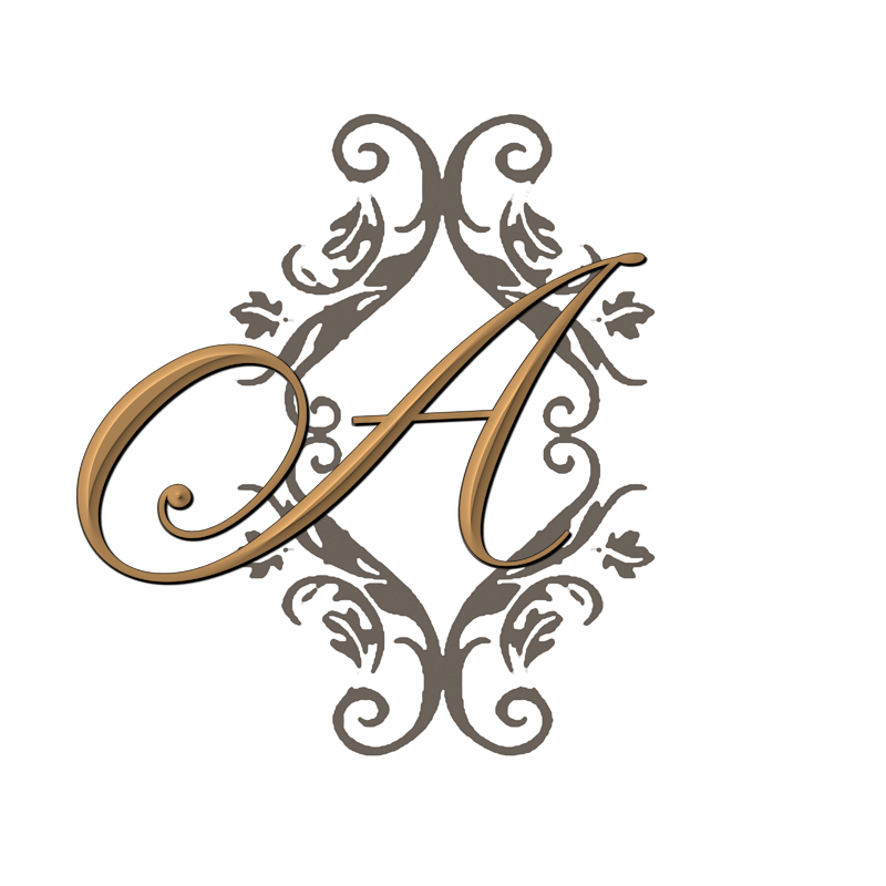 Elegant decorative monogram letter A with gold script and ornate gray scrollwork flourishes design.