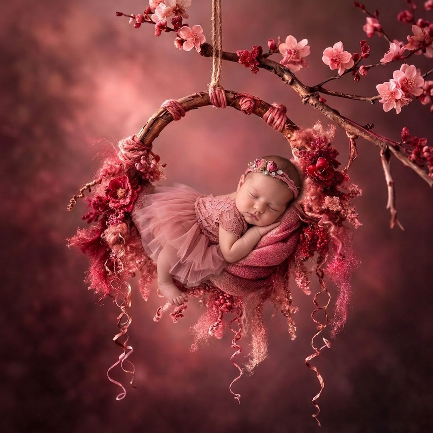 A sleeping newborn baby in pink wrap rests in a floral wreath swing adorned with cherry blossoms on a rosy background.