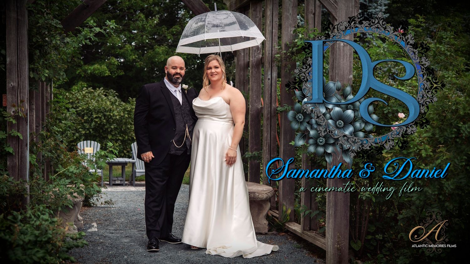 Sackville ns wedding Samantha and Daniel wedding film cover with couple under umbrella in elegant outdoor venue.