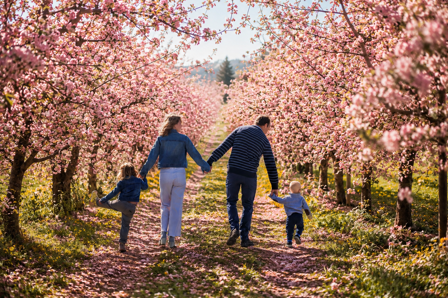 Family holding hands walking through blooming pink cherry blossom tree orchard in spring.