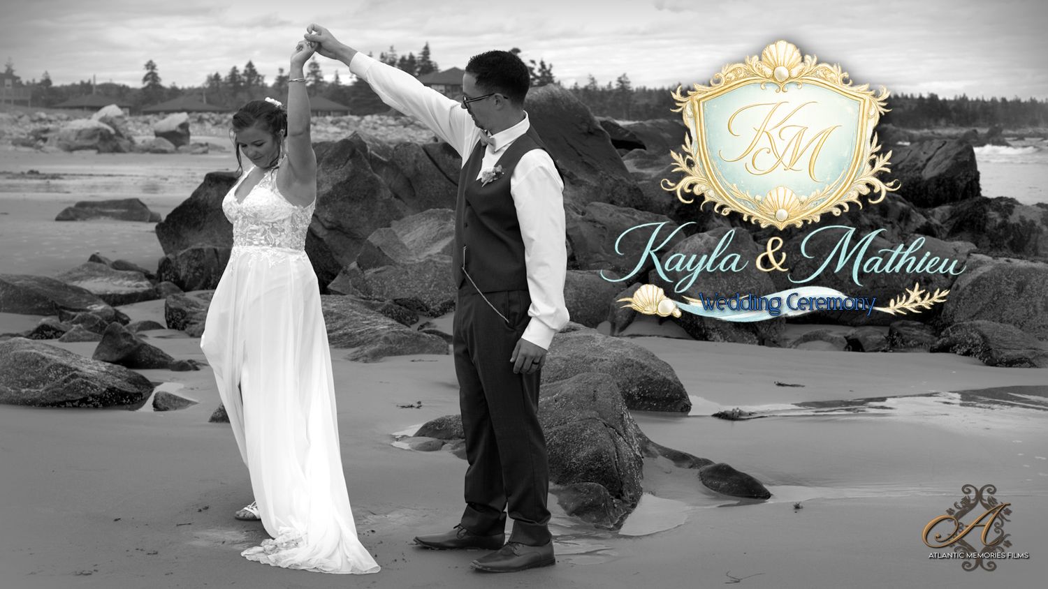 Black and white wedding photo of Kayla and Mathieu dancing on a rocky beach, overlaid with elegant gold wedding logo.