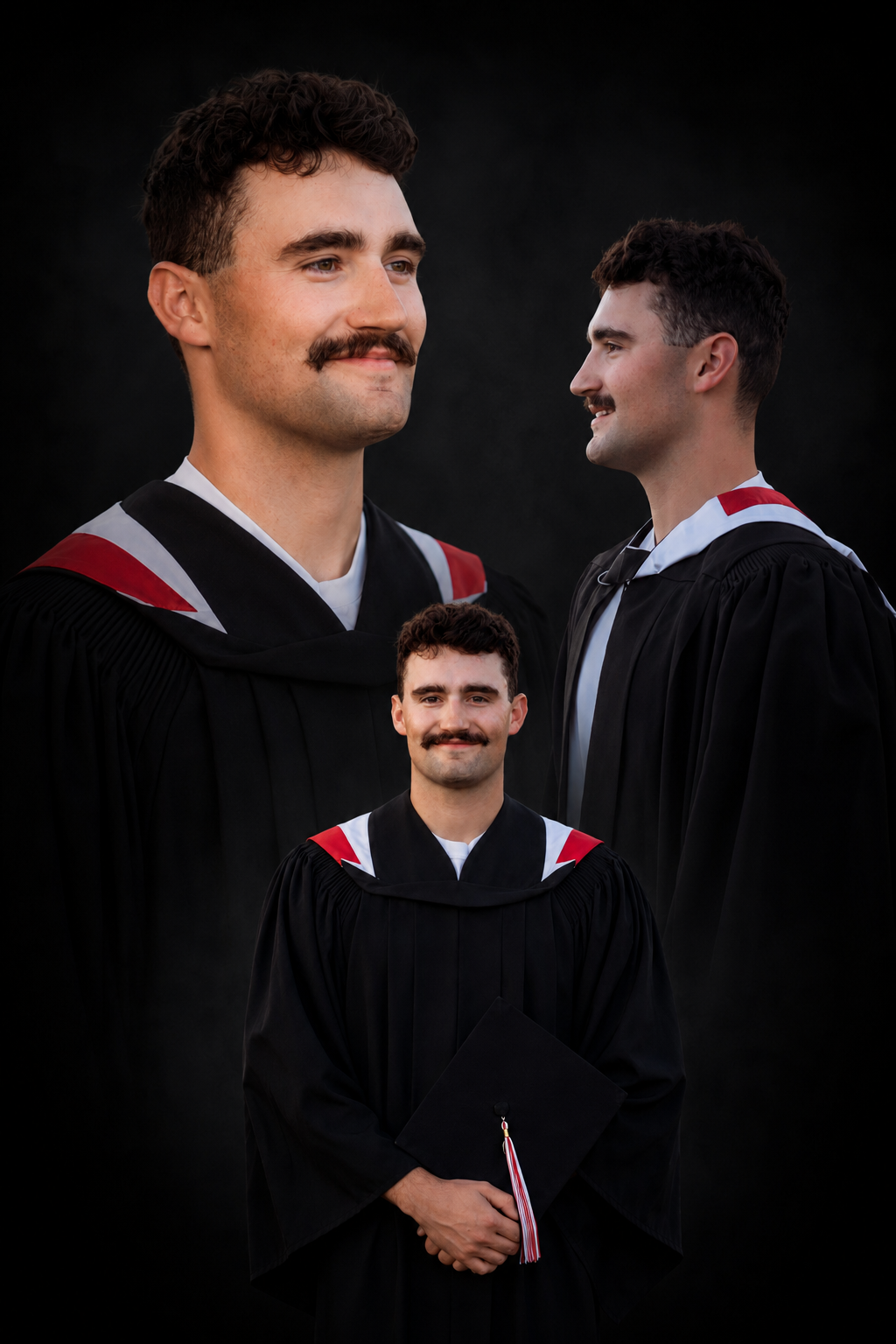 Young man in black graduation gown with red trim poses in a triple composite portrait against dark background.