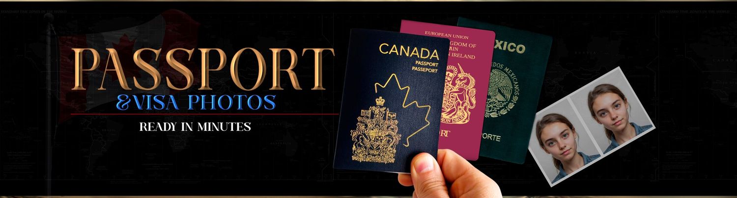 Passport and visa photos service banner featuring Canadian and Mexican passports with portrait photos, ready in minutes.