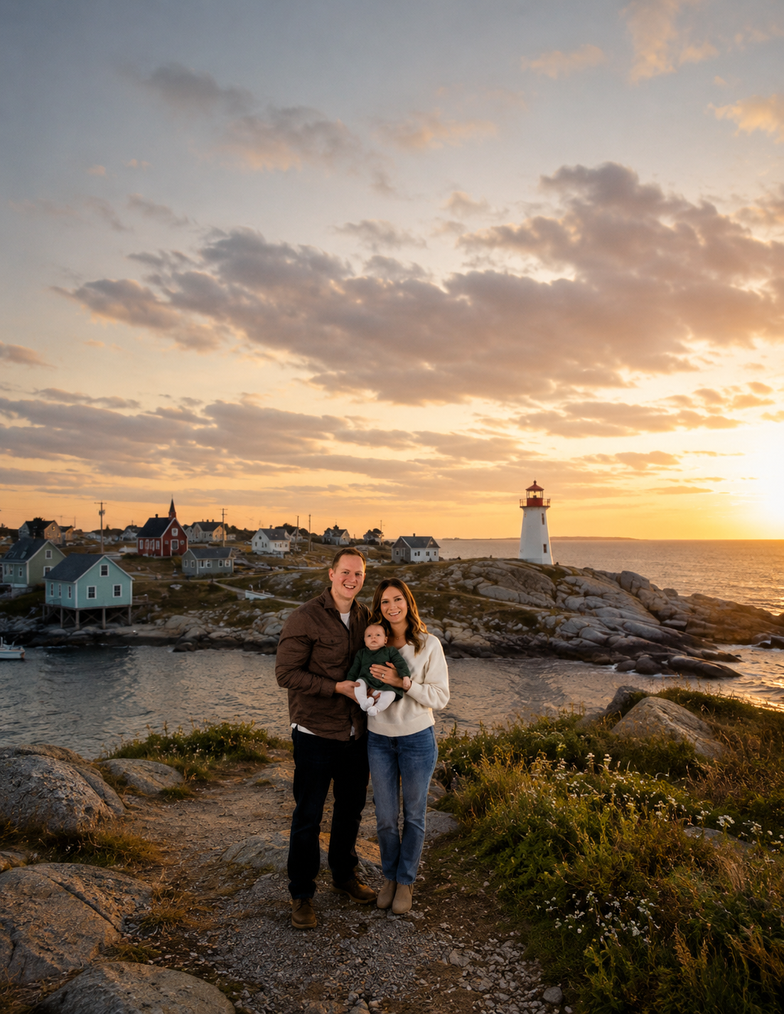 Family of three poses at sunset near a coastal lighthouse with rocky shores and golden sky in background.