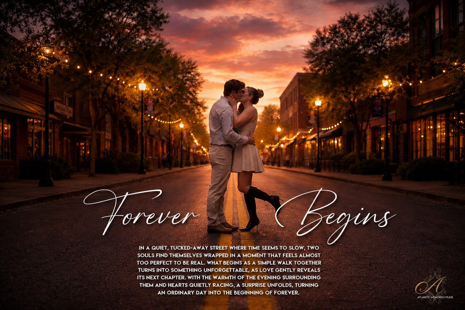 Romantic couple embracing at sunset on a glowing street, with elegant Forever Begins text overlay.