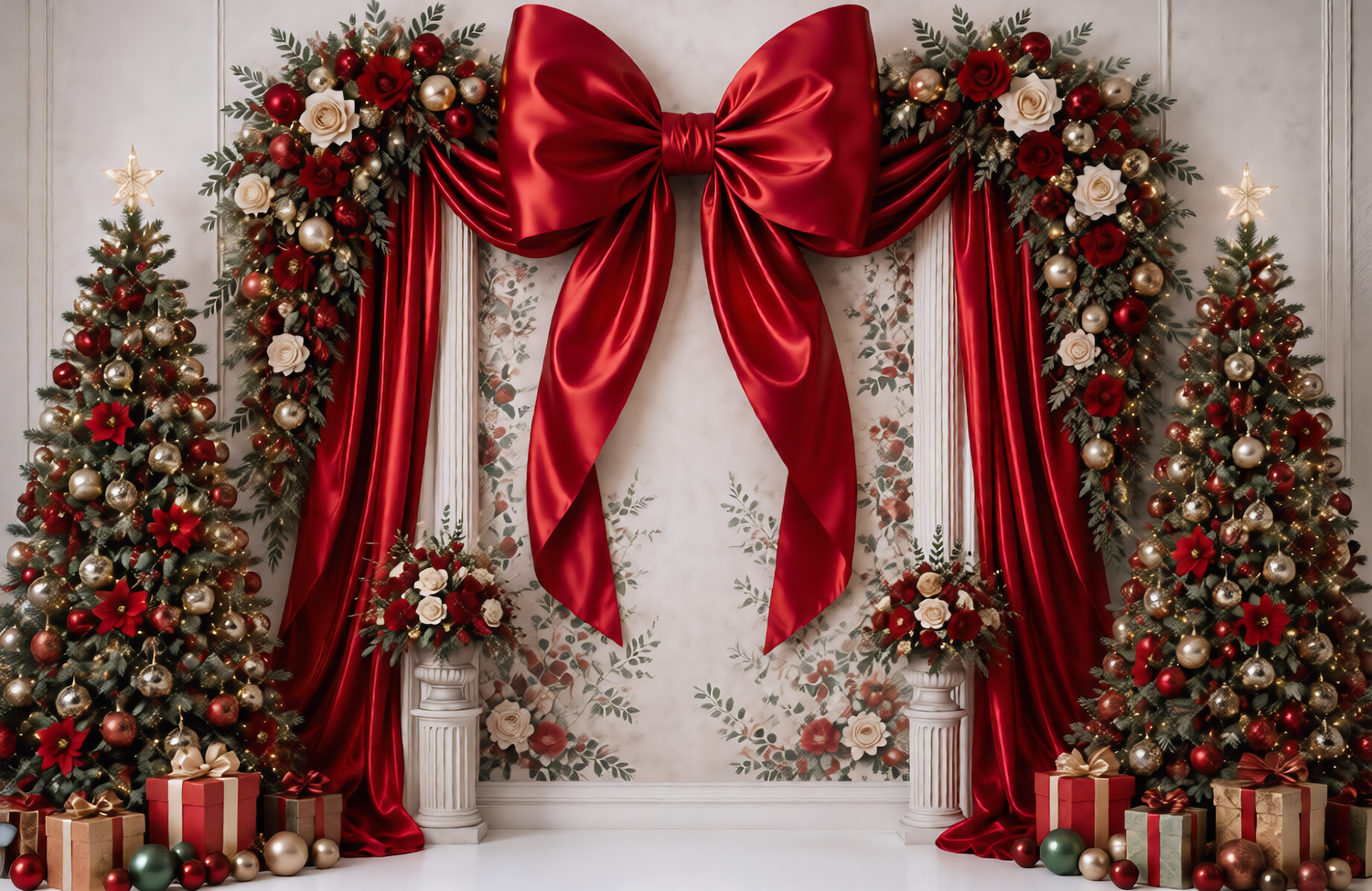 Christmas backdrop with a large red satin bow, red velvet drapes, floral garlands, and decorated trees with ornaments and gift boxes.