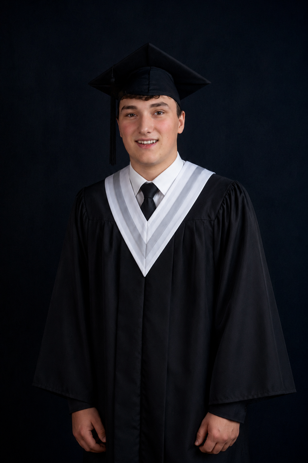 Young man smiling in black graduation cap and gown with white hood against dark background.