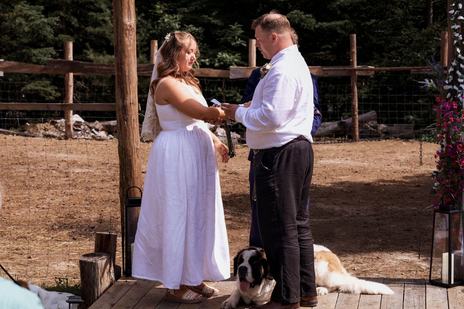 Bride and groom exchanging vows on a rustic outdoor wooden deck with a dog resting nearby during a sunny wedding ceremony.
