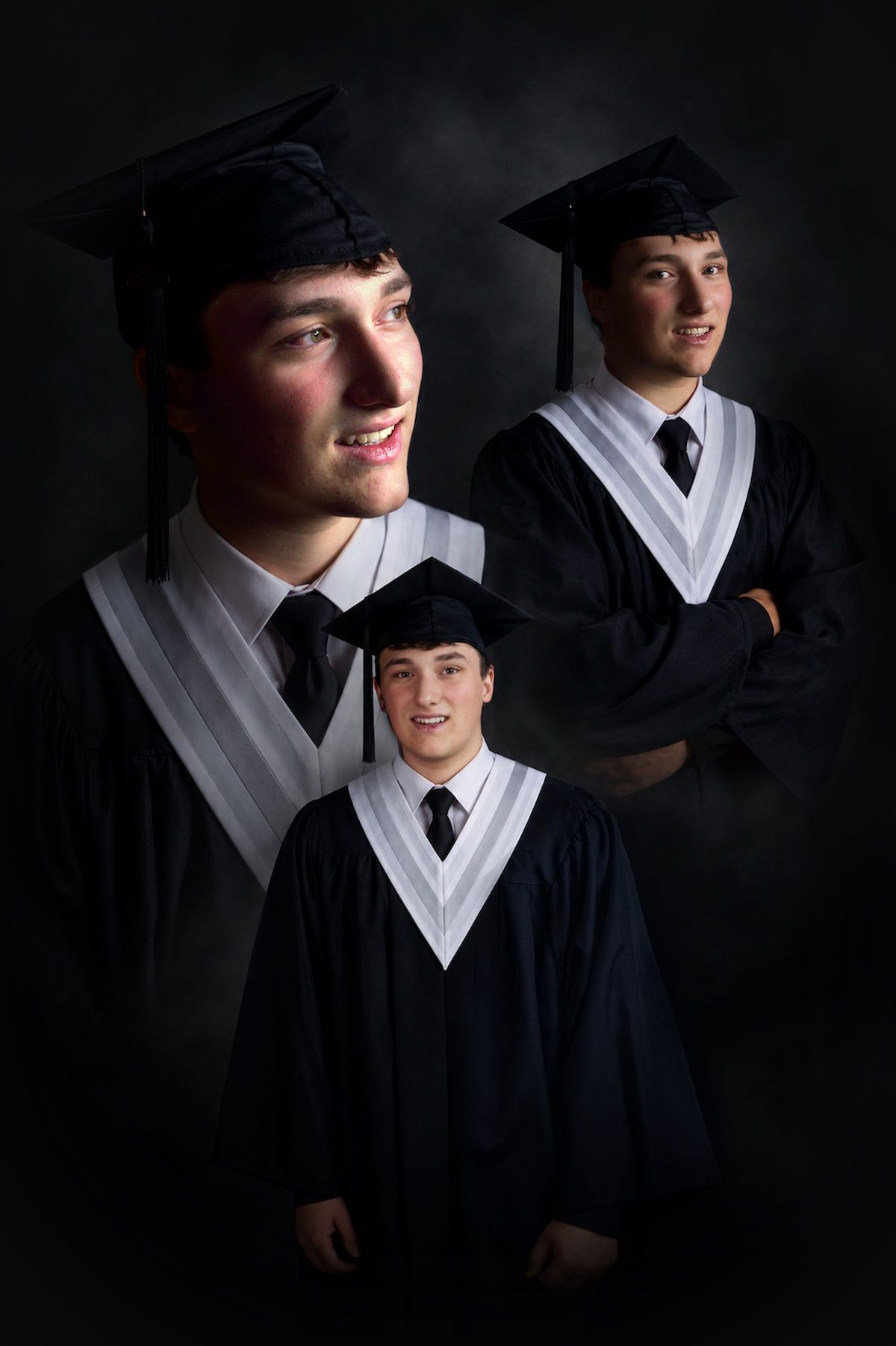 A young man in graduation cap and gown poses in three different positions against a dark studio background at Atlantic Memories Photography