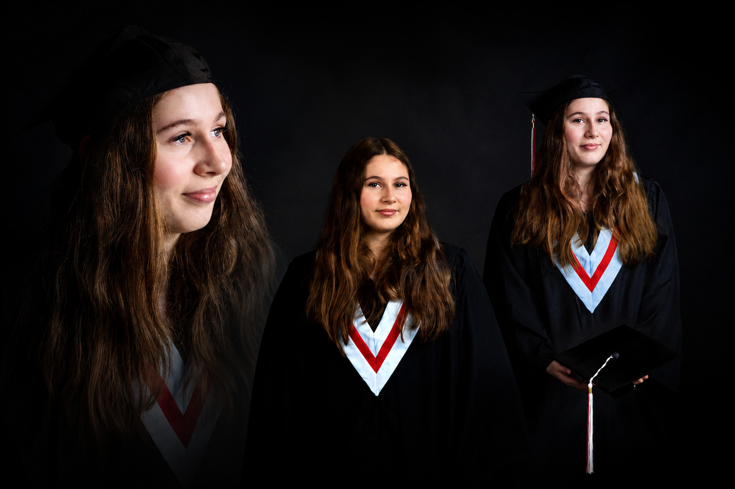 at a Halifax & South shore photography studio, Three graduation photos of a young woman in black gown by Atlantic Memories photography