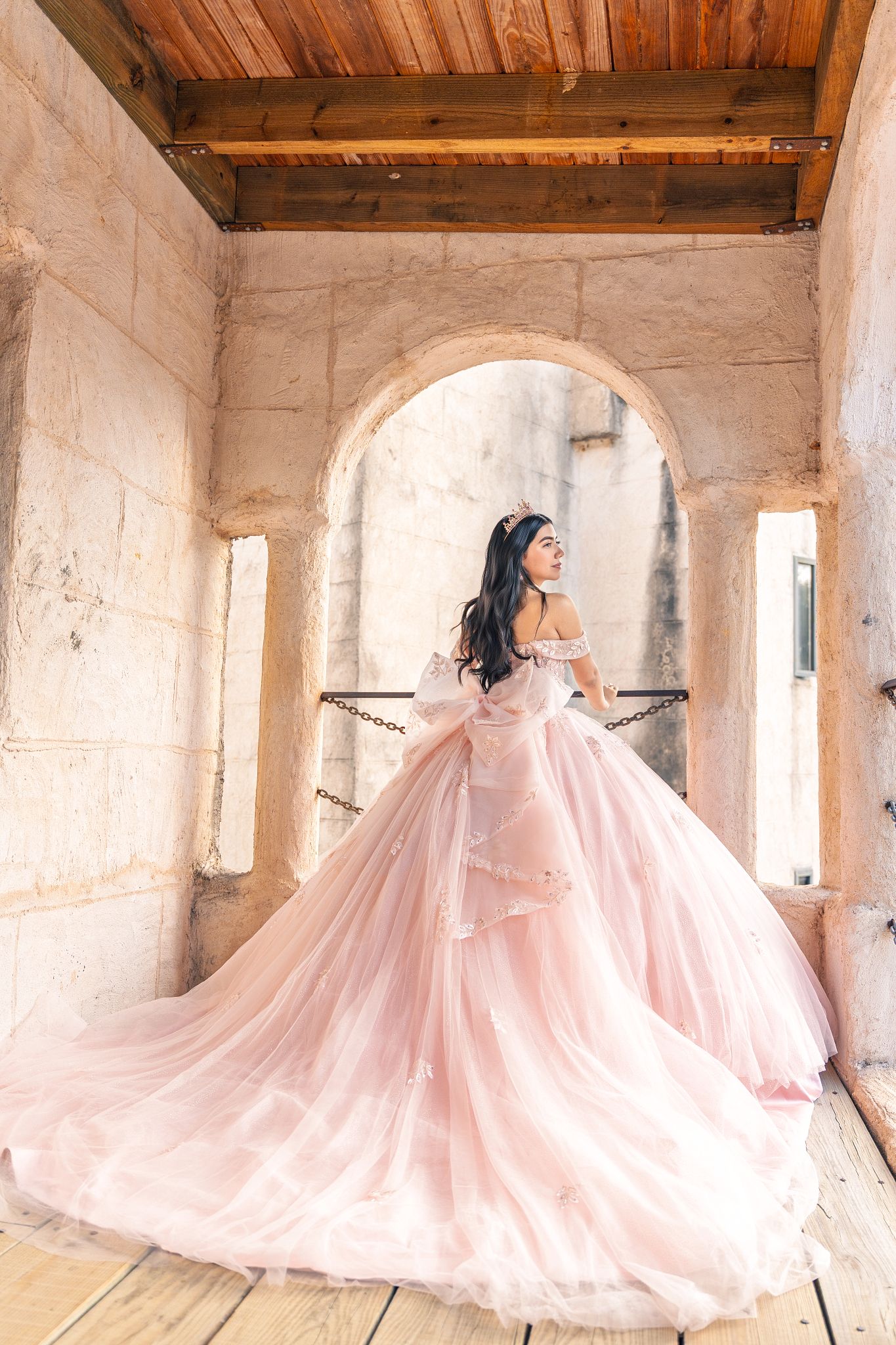 Woman in a flowing pink ball gown stands in a stone archway, her dark hair cascading down her back.