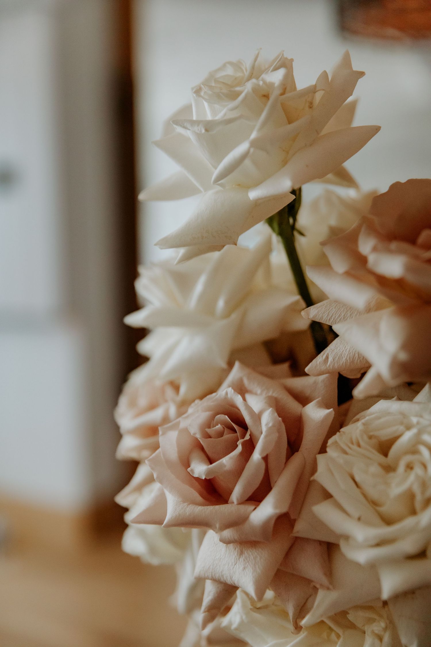 Soft focus close-up of pale pink roses in romantic wedding bouquet.