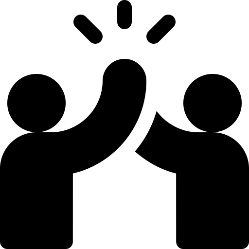 Simple black icon showing two figures giving each other a high five.