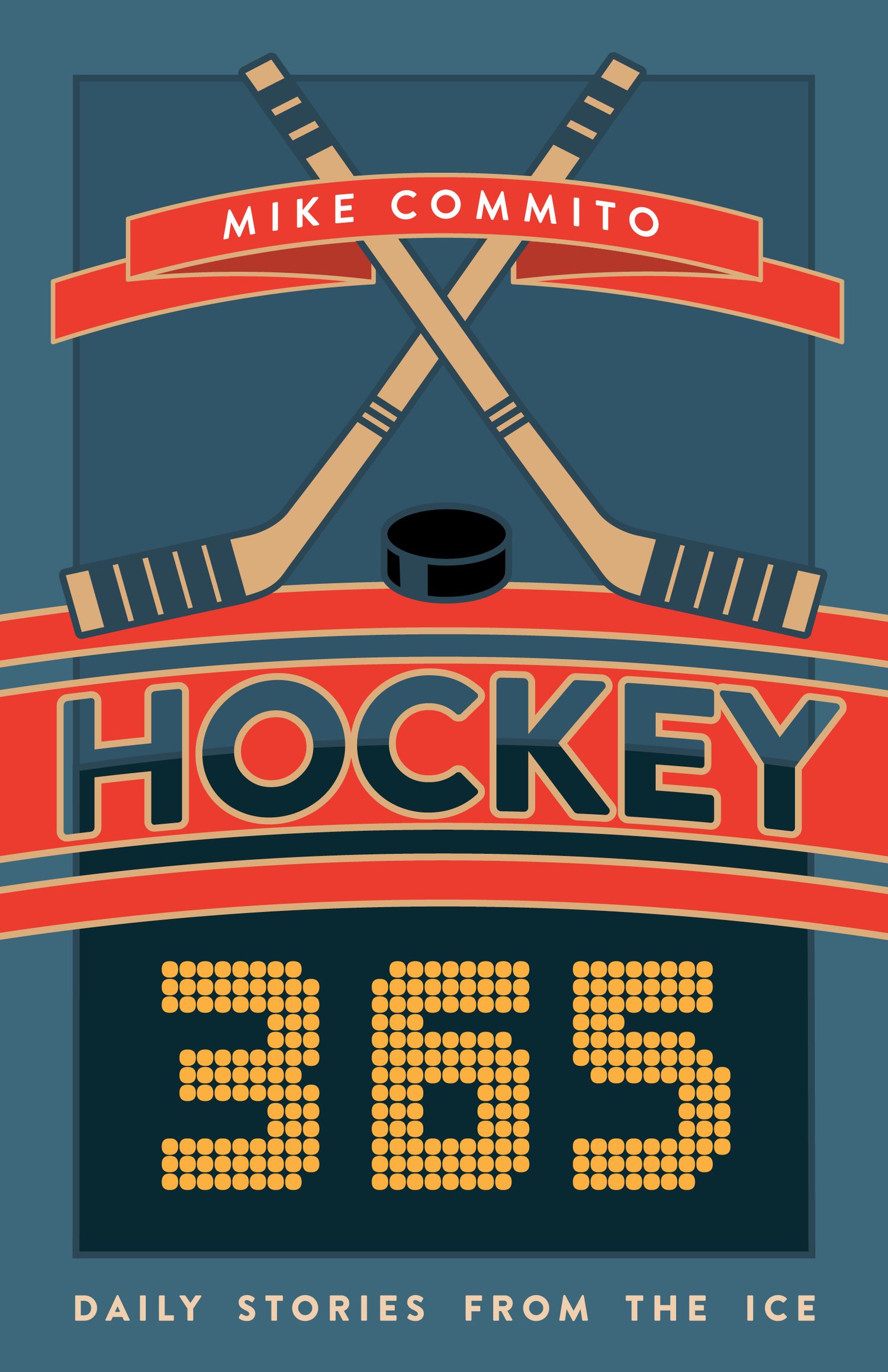 Book cover for Hockey 365 by Mike Commito featuring crossed hockey sticks and a puck on a dark teal background.