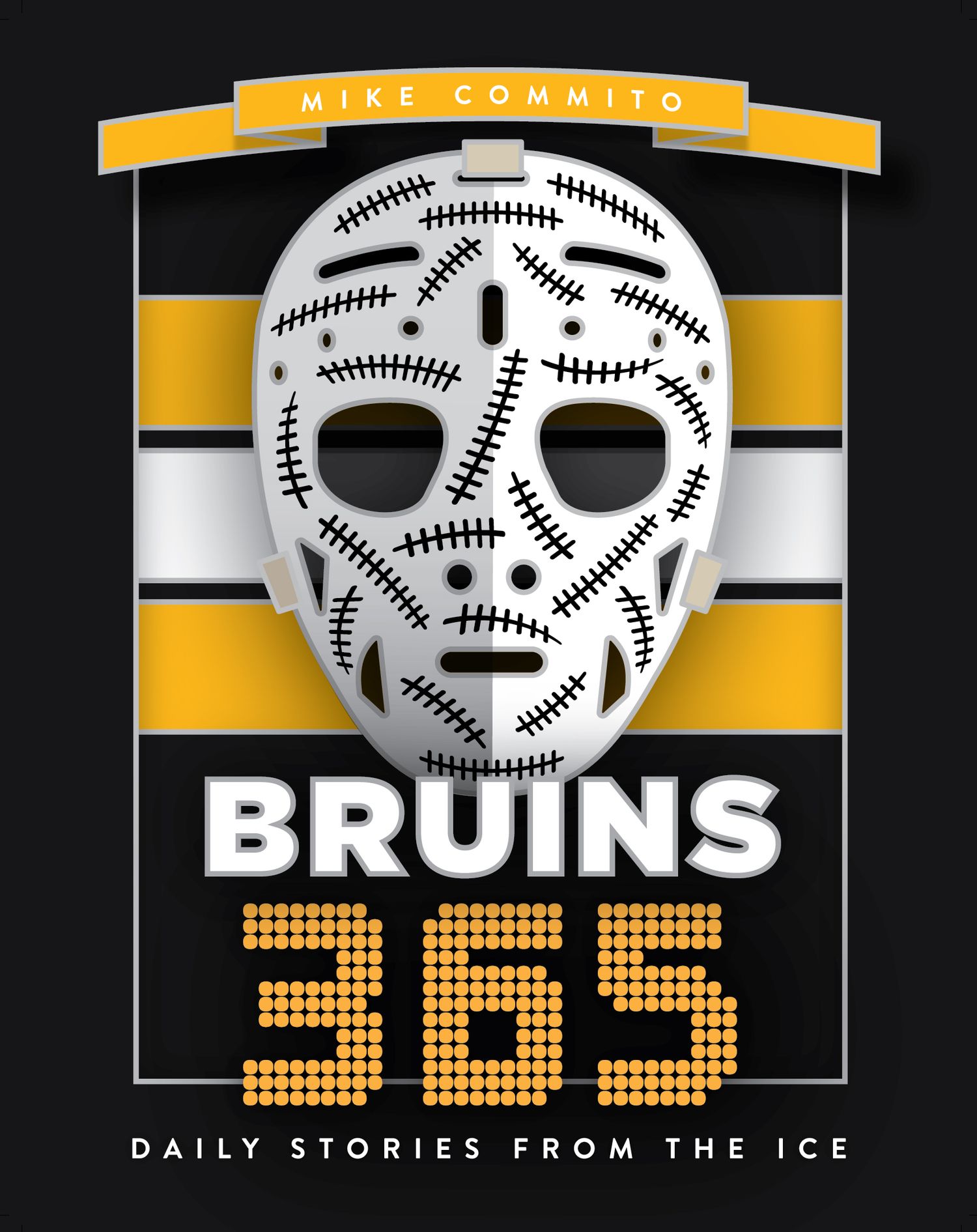 Classic hockey goalie mask design with stitching pattern on white against black and yellow Boston Bruins team stripes.