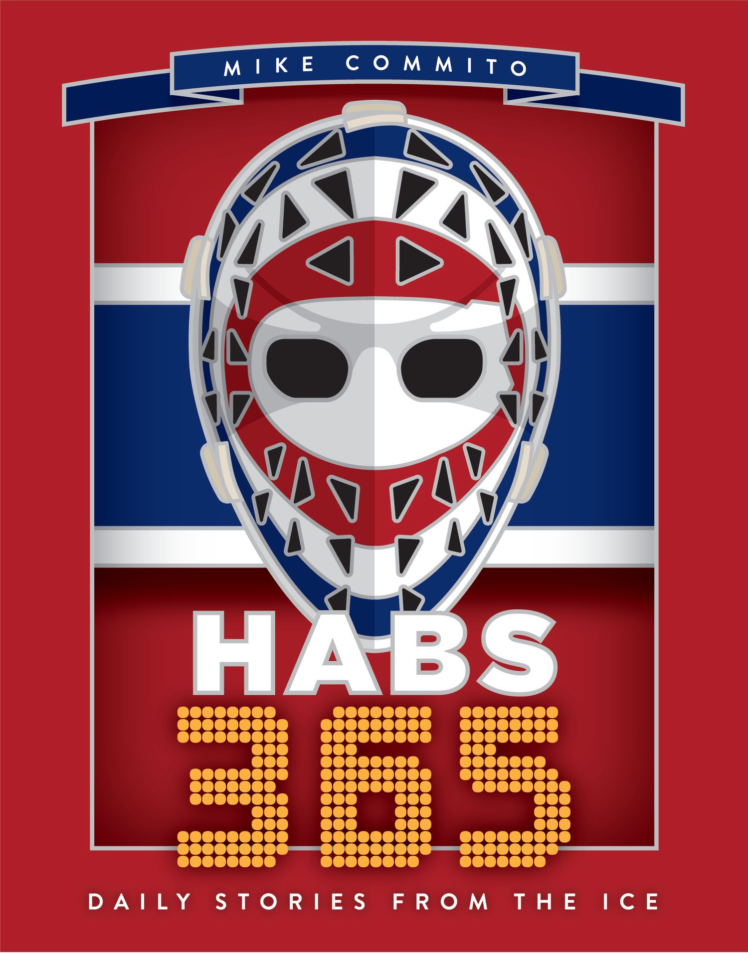 A collage of six vintage Montreal Canadiens hockey goalie masks in red, white and blue team colors on banner backgrounds.