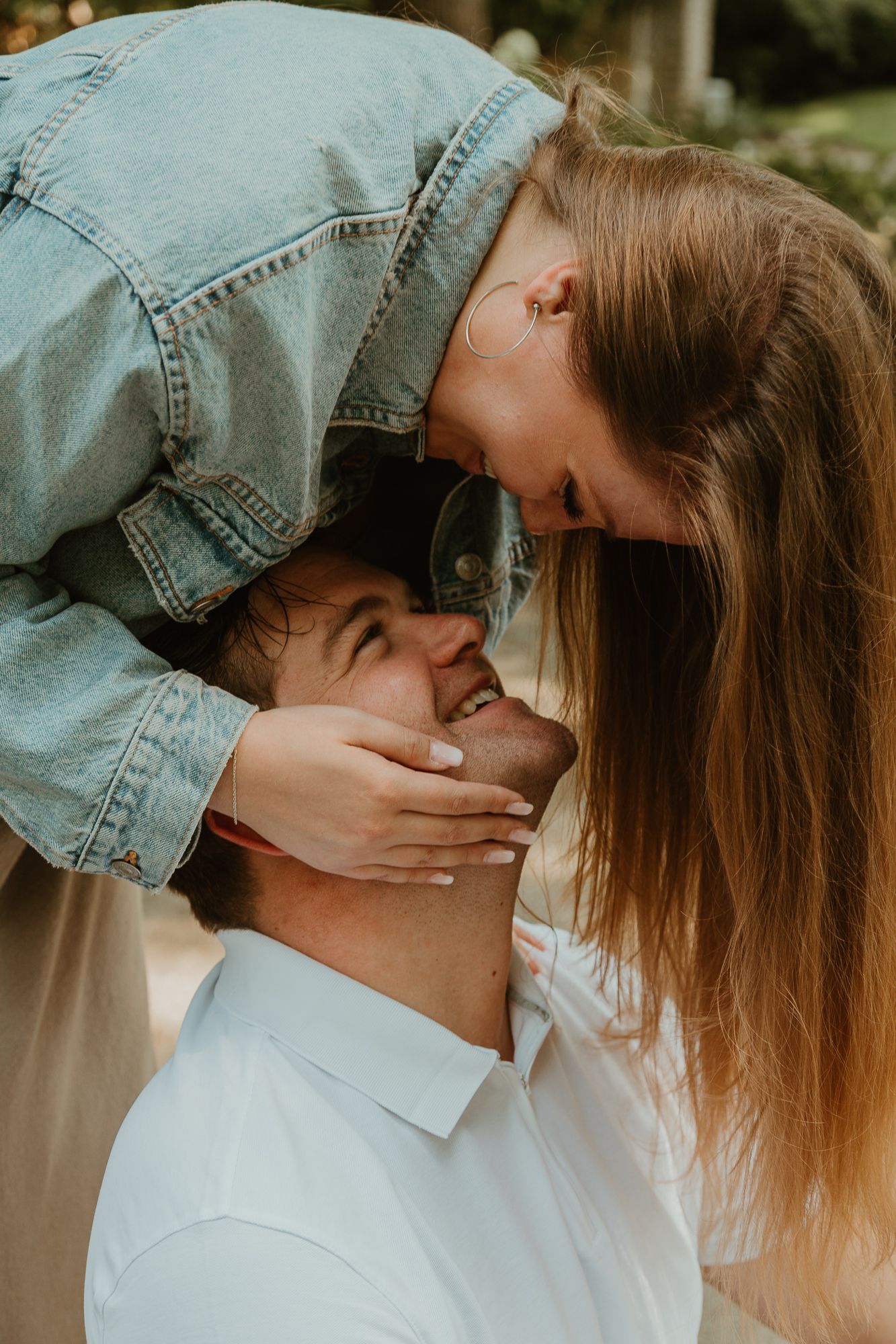 A romantic couple in denim and white sharing an intimate kiss in a series of progressive shots.