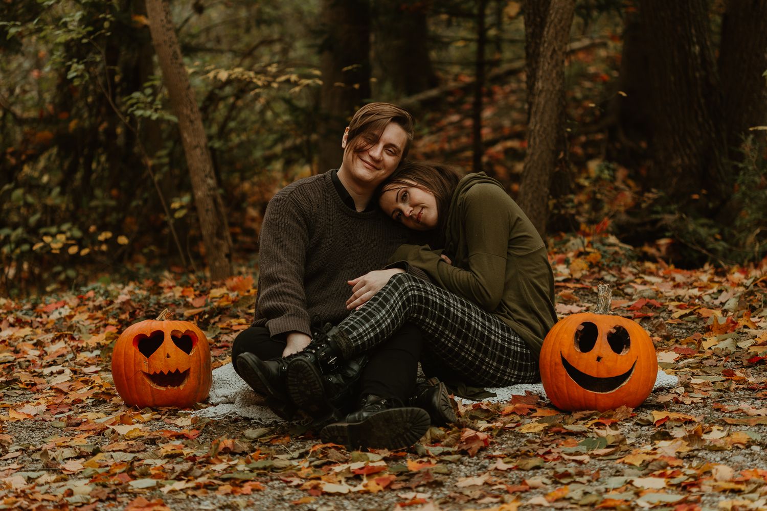 A collection of fall-themed photos with pumpkins and autumn leaves in a forest setting.