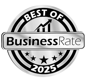 A collection of business rating badges and award emblems arranged in a horizontal row.