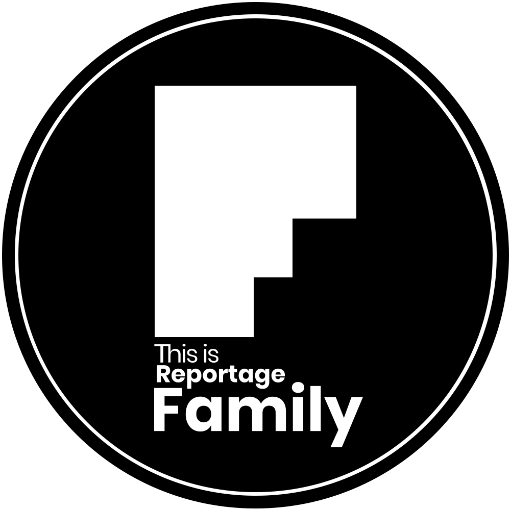 Minimalist black circular logo for This is Reportage Family with white F design.