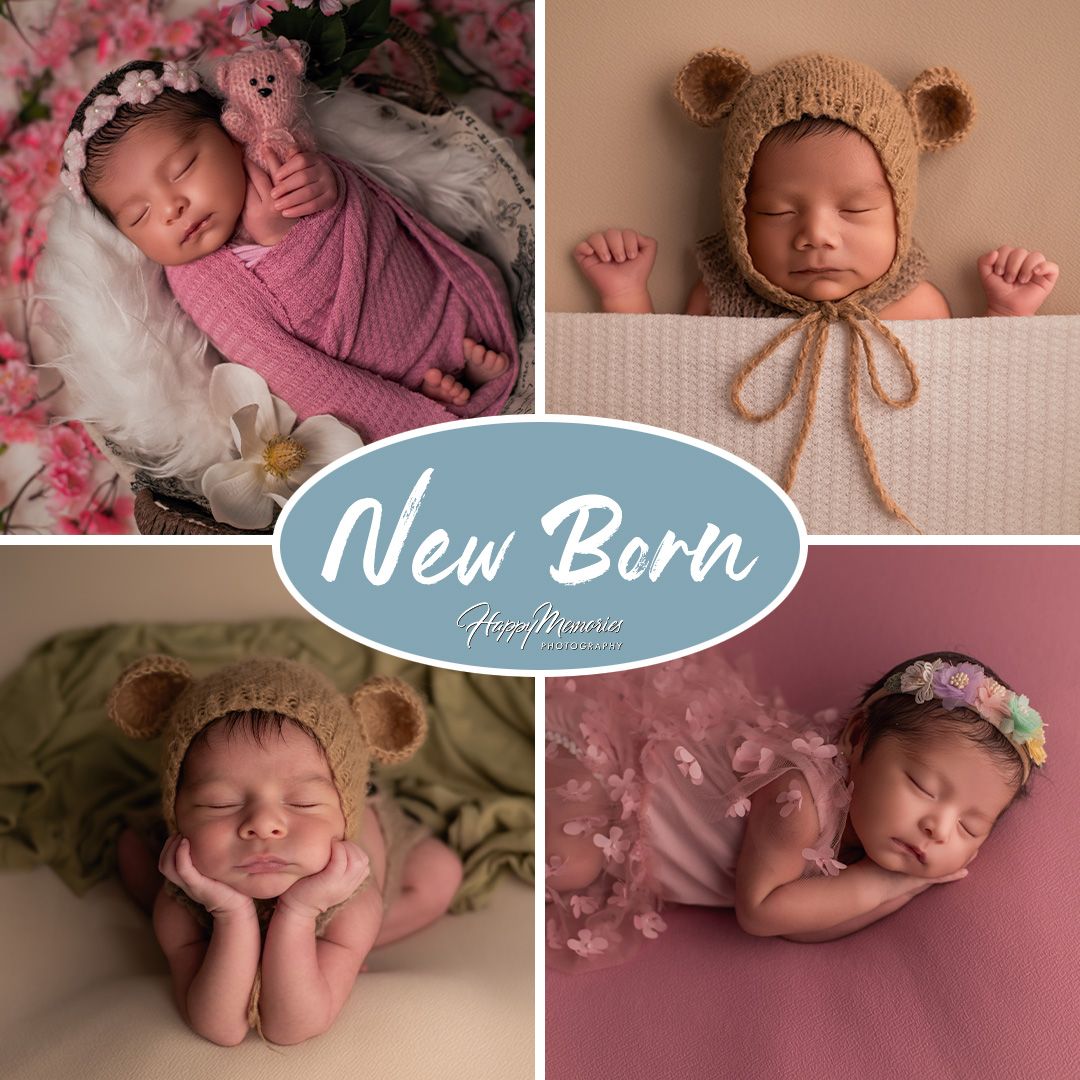 Soft pink and neutral toned newborn photography collection featuring delicate props and poses.