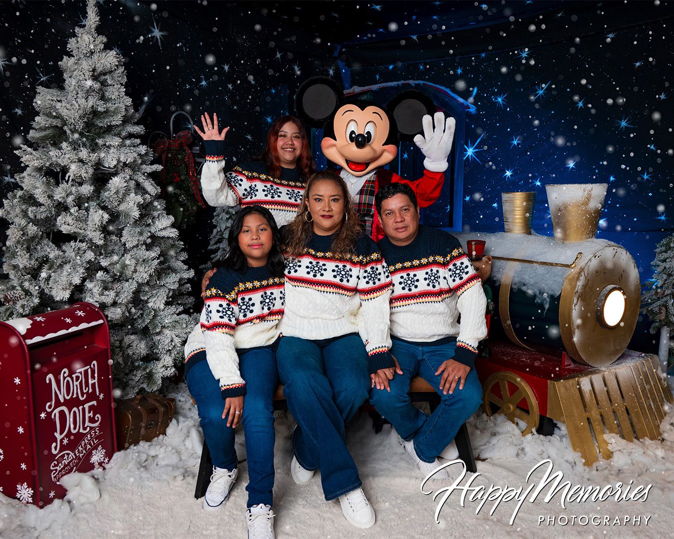 A festive holiday photo collage with Mickey Mouse character and snowy winter scenes.
