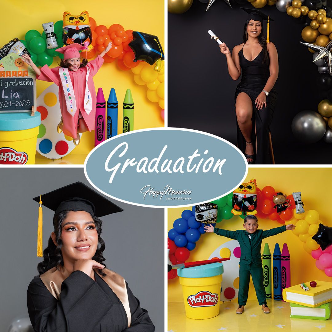 Graduation themed photo collage banner with colorful decorations and celebration elements.