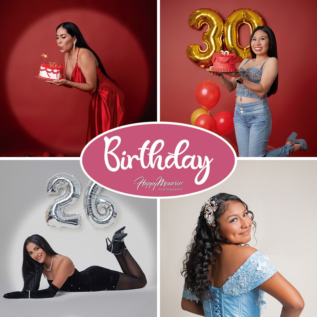 Birthday photo collage with various outfits and balloon decorations in pink, red, and grey settings.