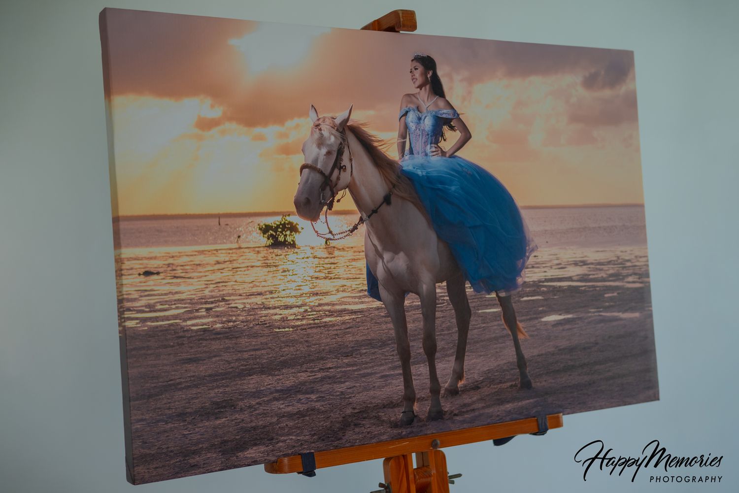 A collection of romantic beach sunset photos showing a couple on horseback at the shoreline.