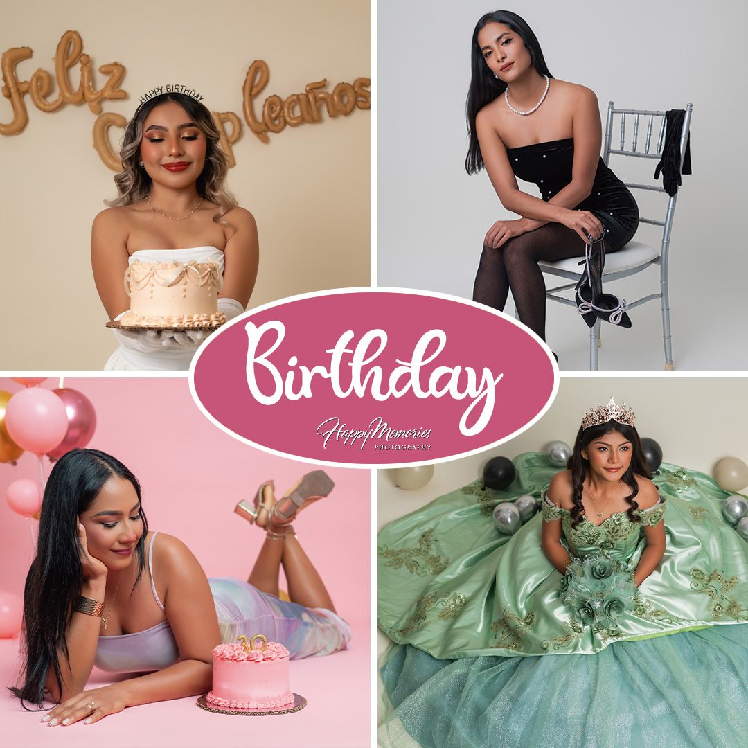Glamorous birthday photo session with pink and green tones featuring elegant poses.