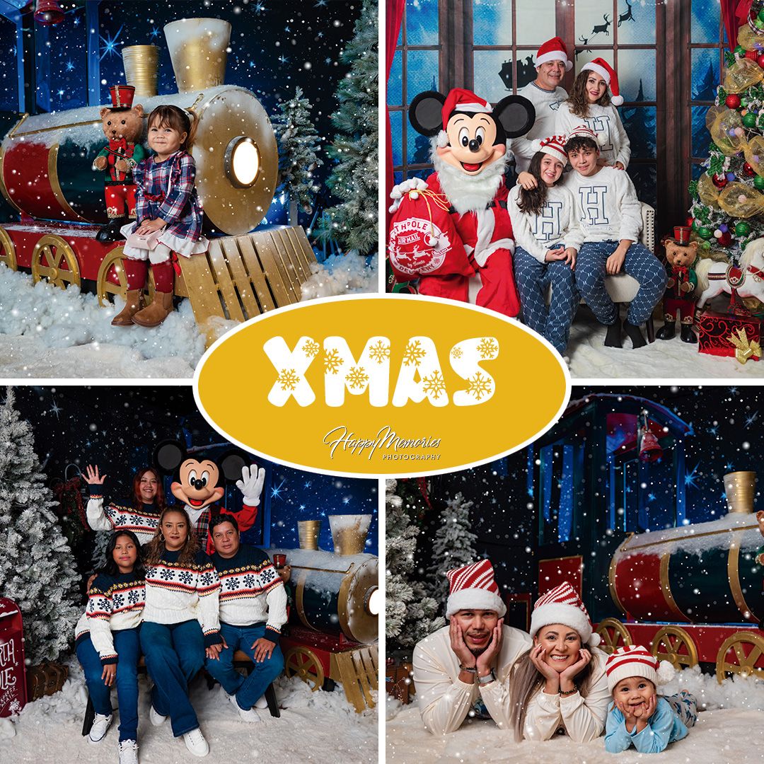 Christmas photography set featuring snowy backdrops and holiday decorations.