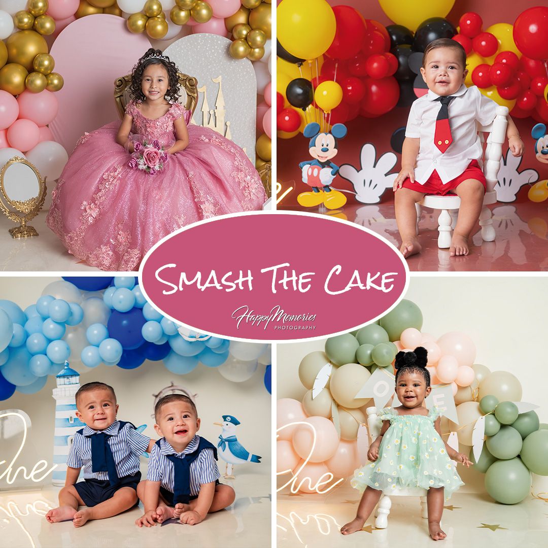 Colorful balloon garland backdrop with pink and gold decorations for a festive cake smash photo session.