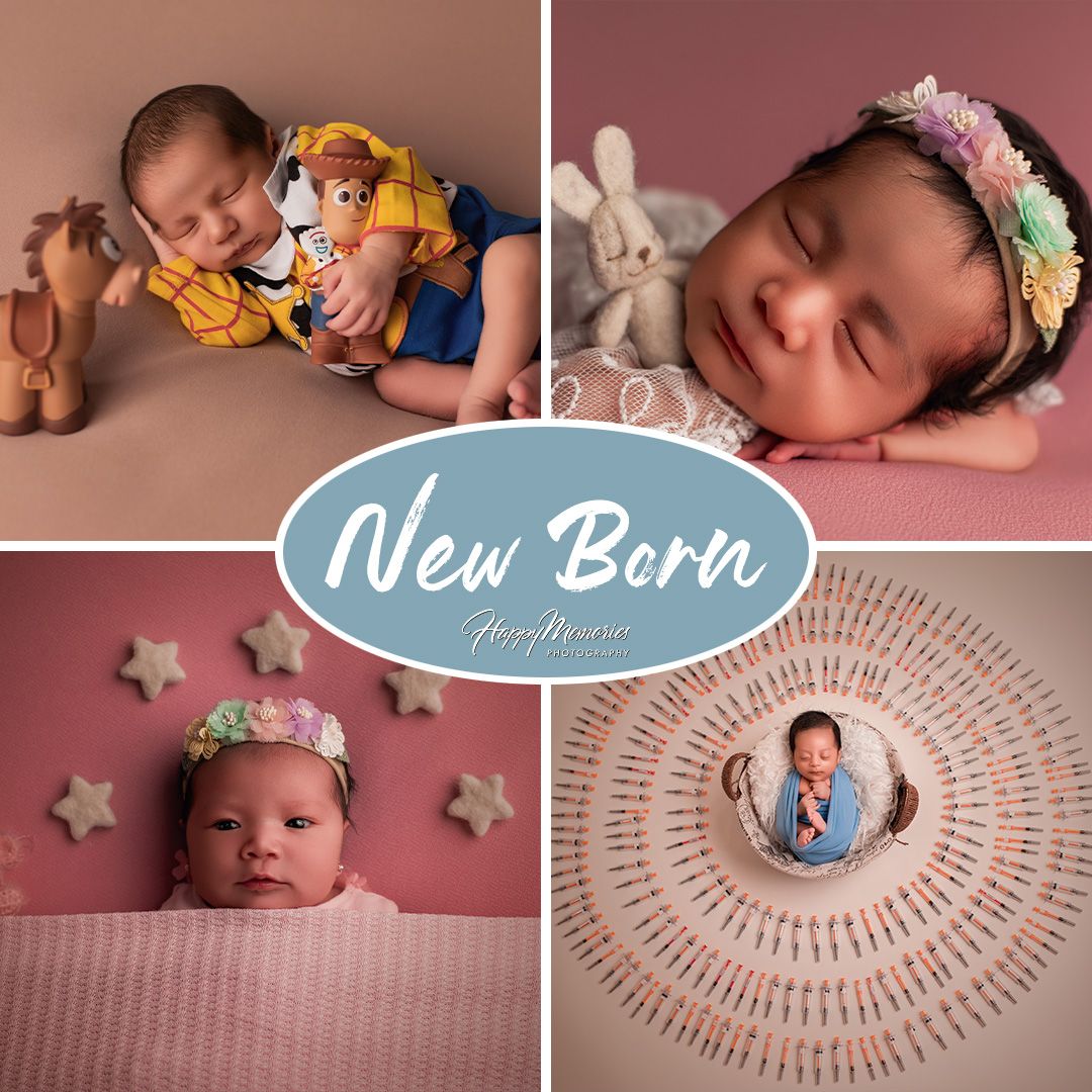 Artistic newborn photo collage with circular layouts and soft pink tones.