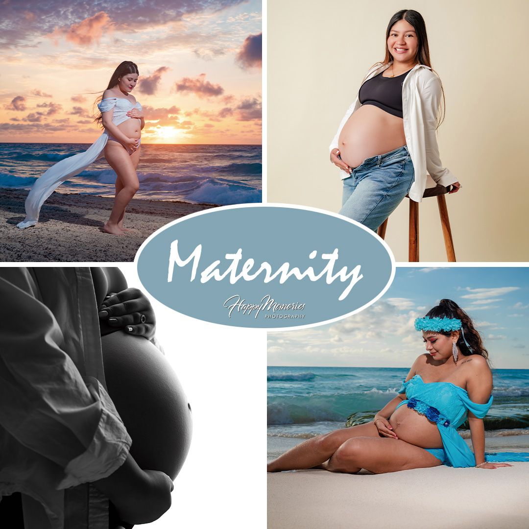 Collection of artistic maternity photography showcasing beach and studio shots in various poses and settings.
