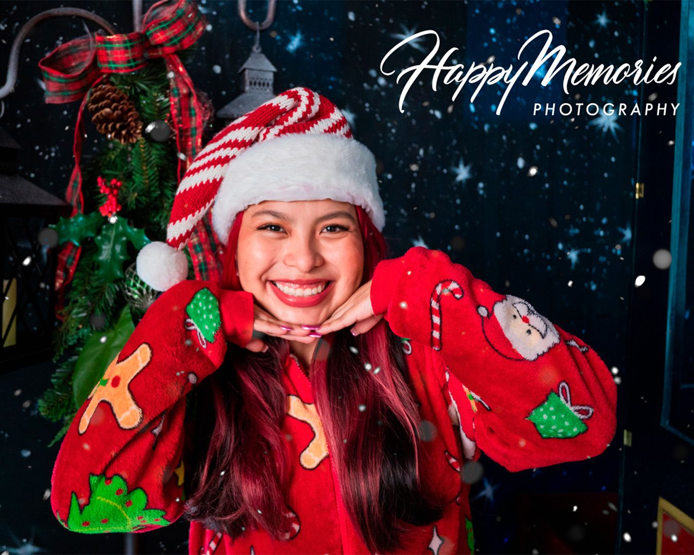 Christmas themed photo session with falling snow effect and festive decorations.