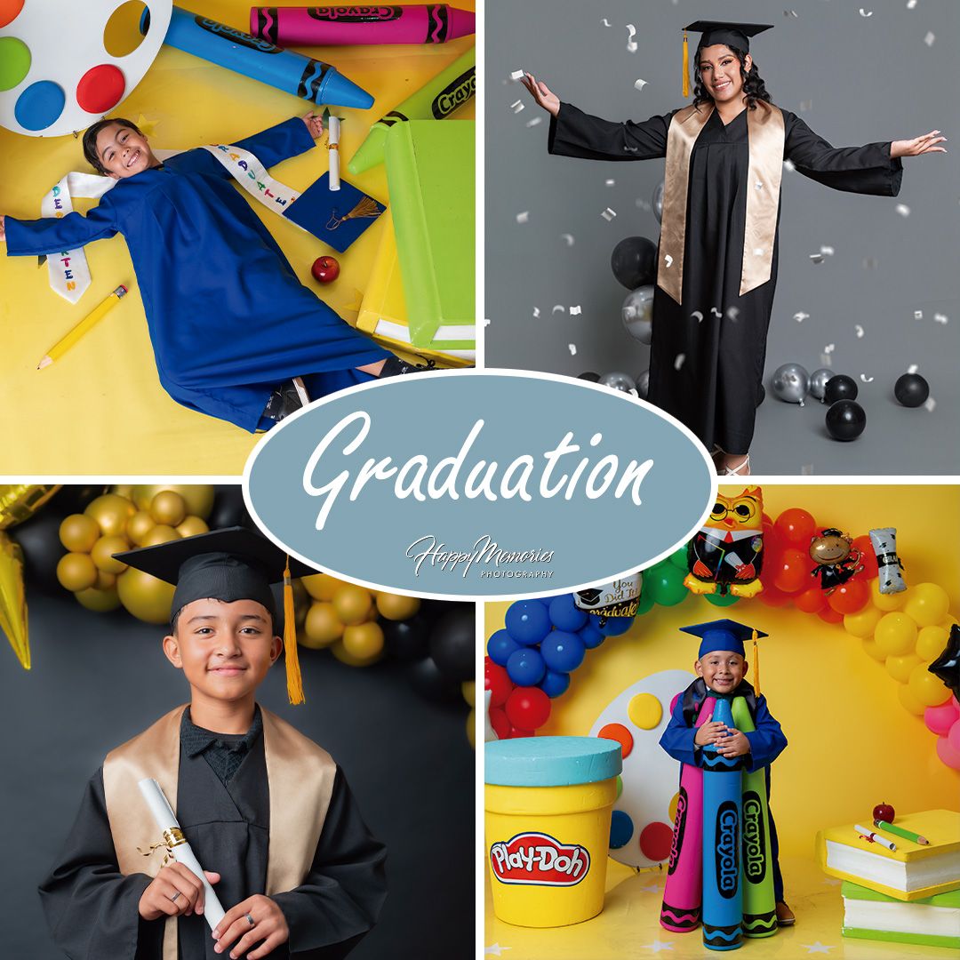 Graduation themed photo banner with caps, gowns, and celebratory elements on mixed backgrounds.