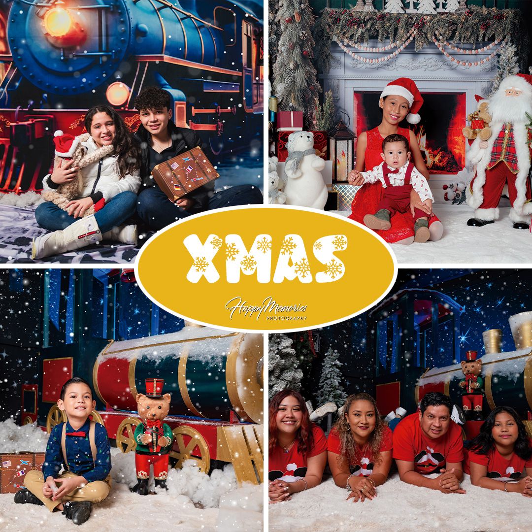 Winter Christmas themed photo collection with snowy scenes and festive decorations.