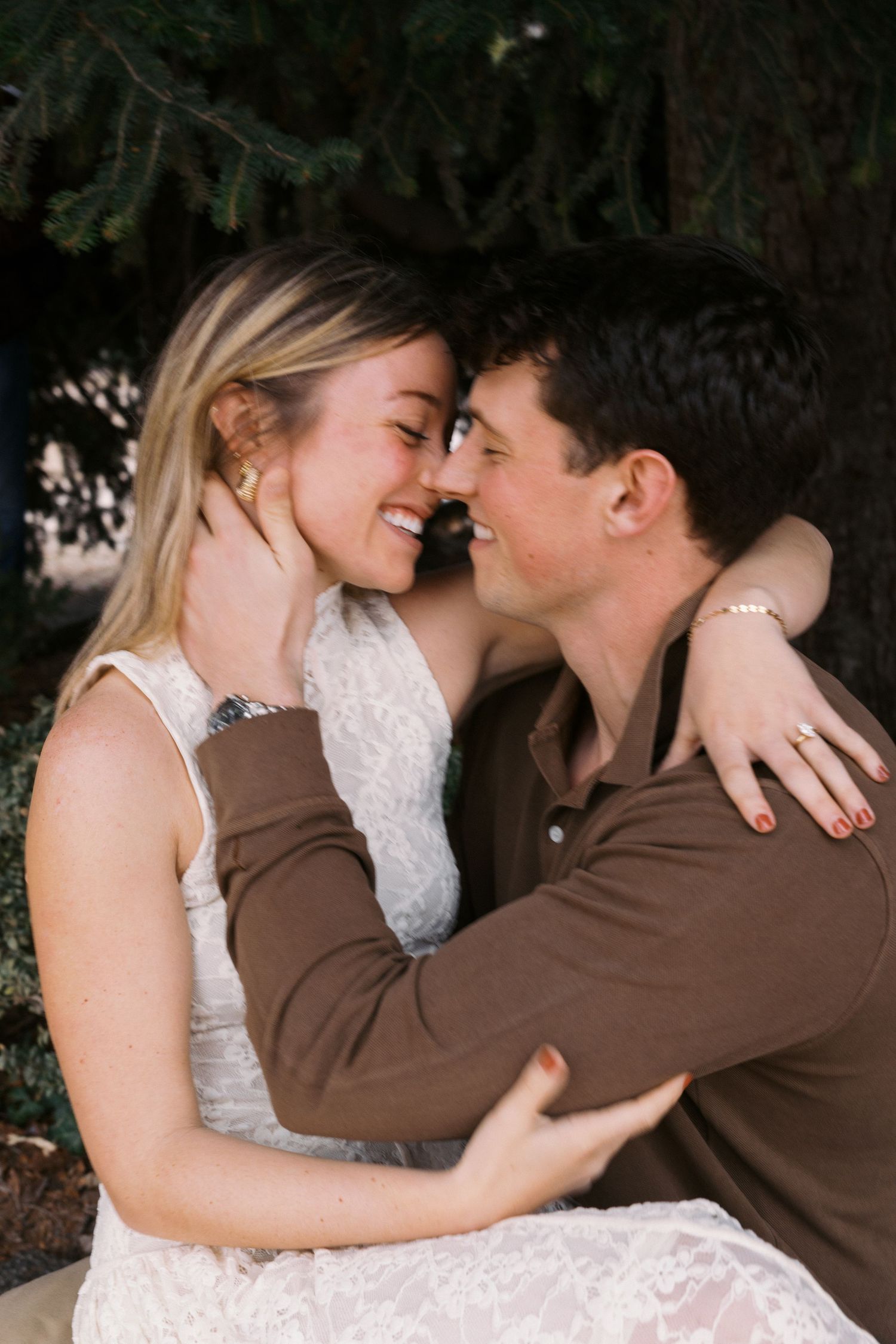A romantic wedding couple shares intimate kisses in a sequence of photos showing their tender embrace.