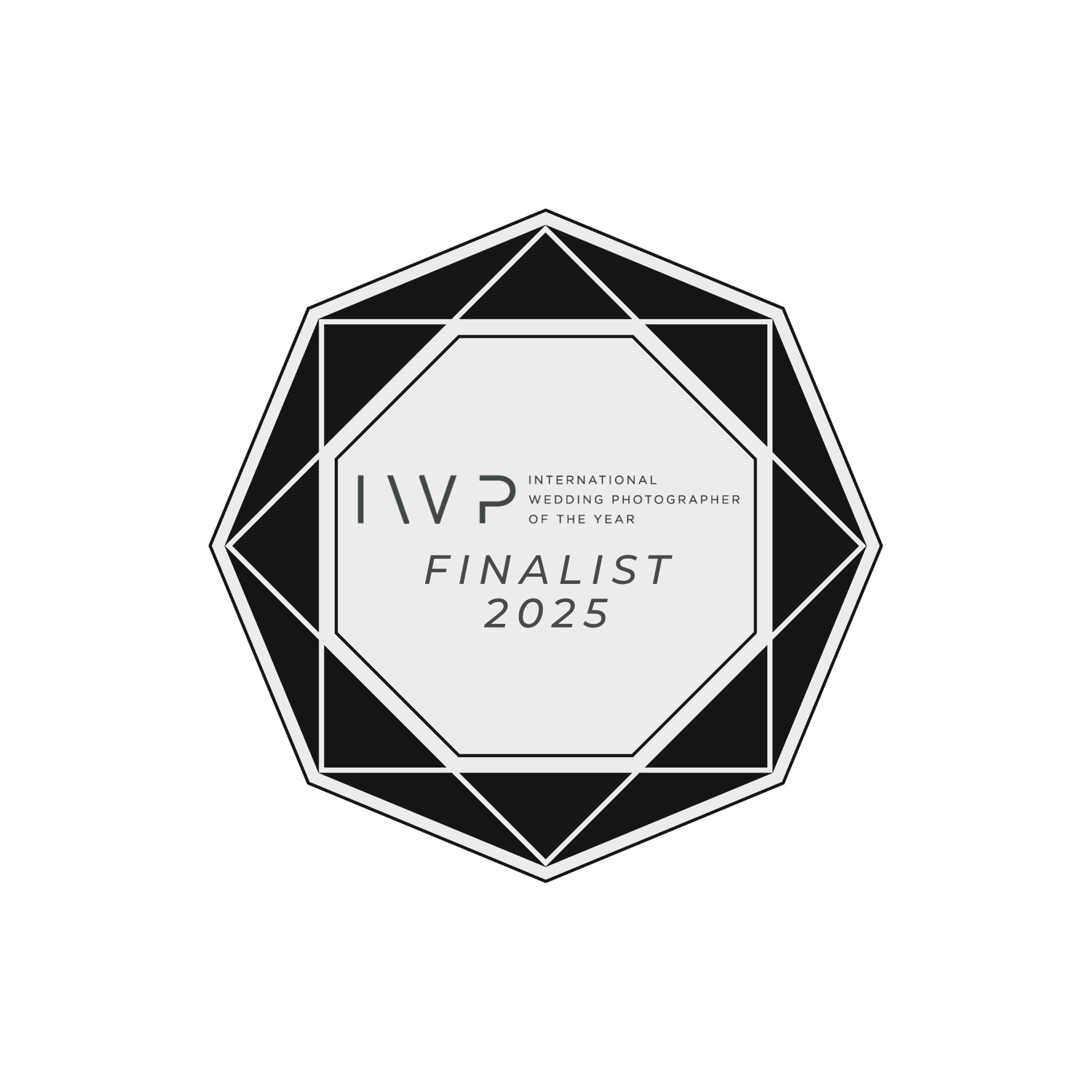 a diamond-shaped award finalist badge naming Dylan Peterson an International Wedding Photographer of the Year finalist.